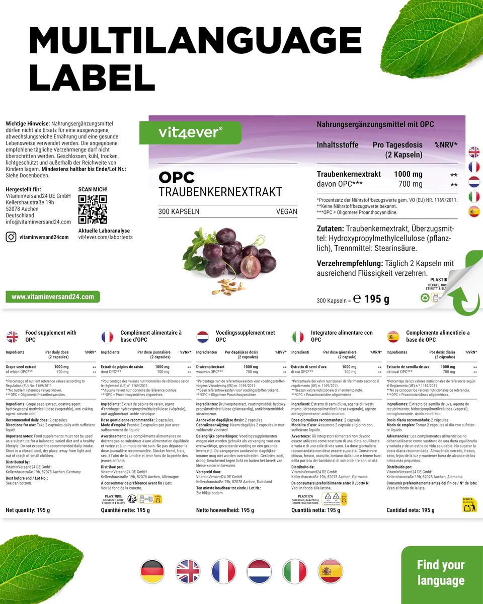OPC Traubenkernextrakt - 300 Kapseln - 1000 mg Extrakt mit 700 mg OPC - Höchster Gehalt nach HPLC - Laborgeprüft - Aus europäischen Weintrauben - Vegan - Hochdosiert | 1000 mg Extrakt, europäische Weintrauben, hochdosiert, laborgeprüft, vegan