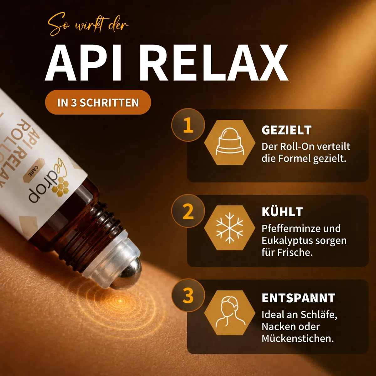 bedrop Api Relax Roll-On - mit hochdosiertem Bienengift, Pfefferminze und Eukalyptus | Bei Kopfschmerzen, ideal auf Schläfen und Muskelbereichen | Praktische To-Go Größe