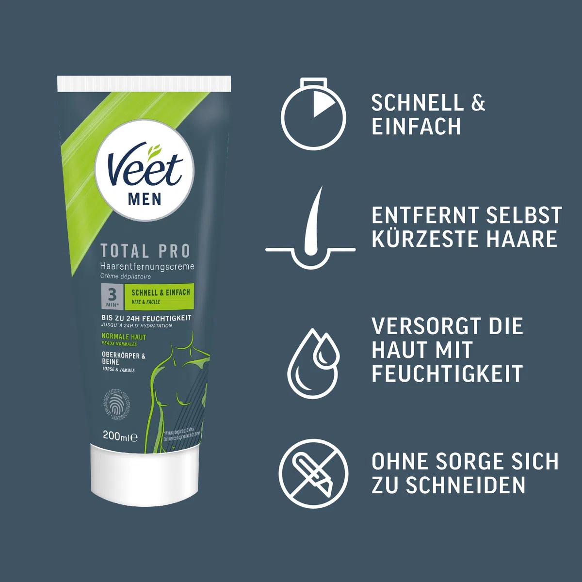 Veet Men Haarentfernungscreme für Oberkörper & Beine - Enthaarungscreme für Männer, Haarentfernung in 5-10 Minuten - 2x200 ml Tube & Spatel