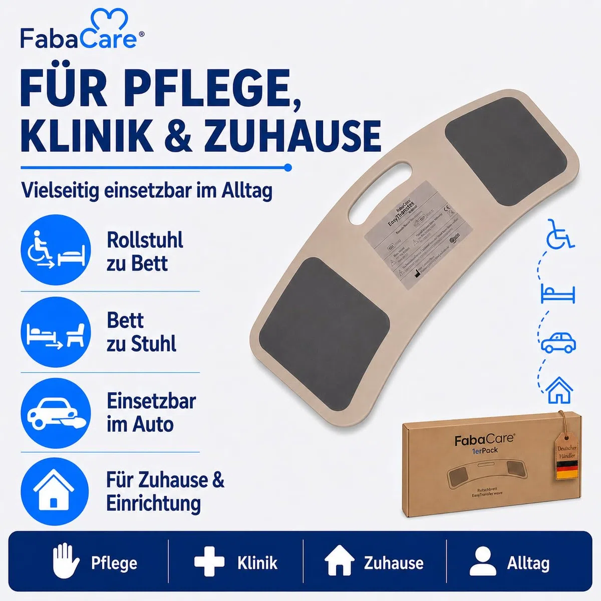 FabaCare Rutschbrett für Rollstuhlfahrer EasyTransfer wave, Rollstuhlbrett, Transferbrett, Umsetzbrett gebogen mit Griff, Transferhife vom Rollstuhl, Auto und Bett, bis 130 kg, Länge 67 cm
