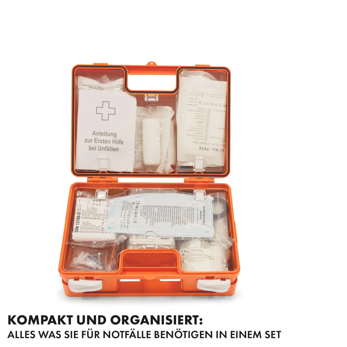 KARAT Kleine Erste Hilfe Kasten für Betriebe DIN 13157:2021 gefüllt inkl. Wandhalterung | 1 Hilfe Verbandskasten Set für Werkstatt, Büros & Gastro, Notfallbox bis 50 Mitarbeiter (28x20x11,5 cm)