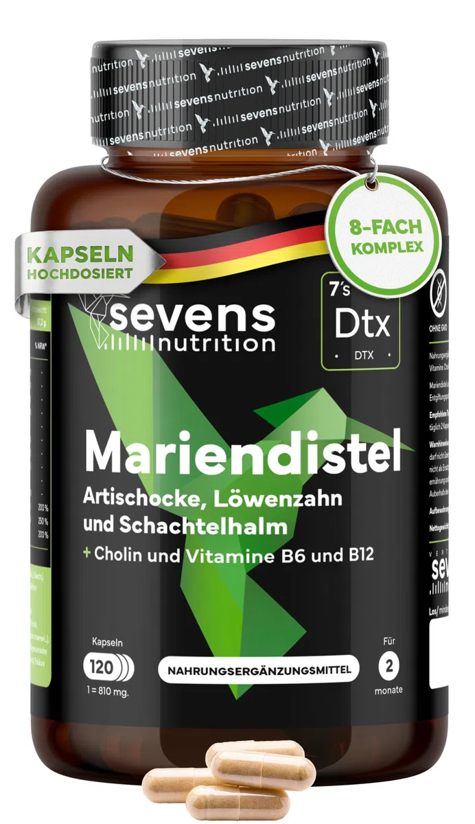 Mariendistel, Artischocke & Löwenzahn Komplex mit Cholin – 120 Hochdosiert Kapseln – Nahrungsergänzungsmittel ohne Gentechnik, Glutenfrei & Laktosefrei – Hergestellt in der EU – Sevens