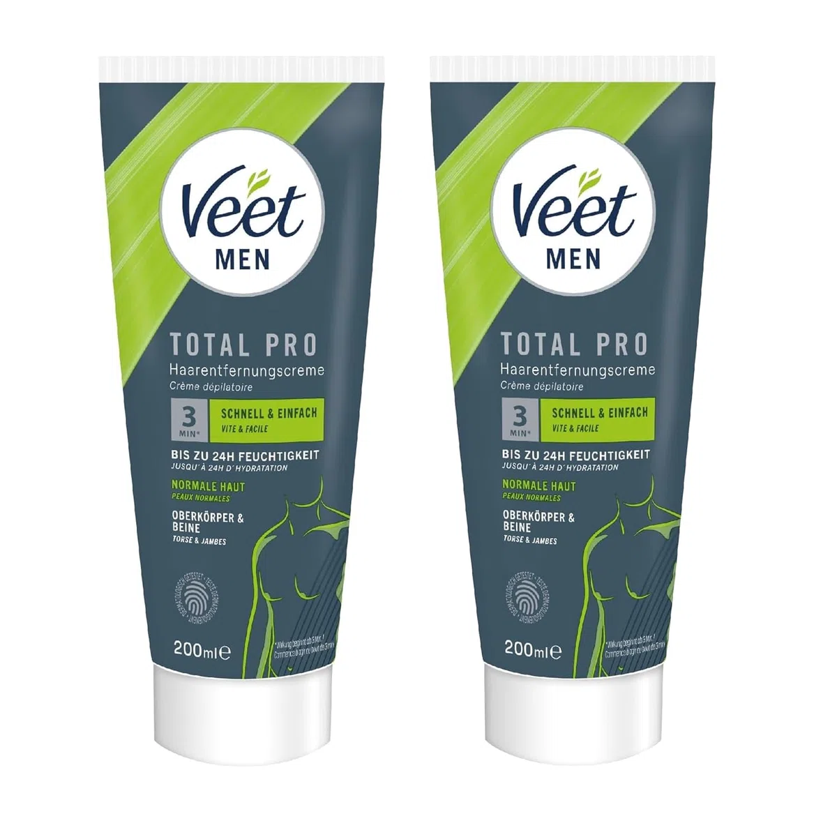 Veet Men Haarentfernungscreme für Oberkörper & Beine - Enthaarungscreme für Männer, Haarentfernung in 5-10 Minuten - 2x200 ml Tube & Spatel