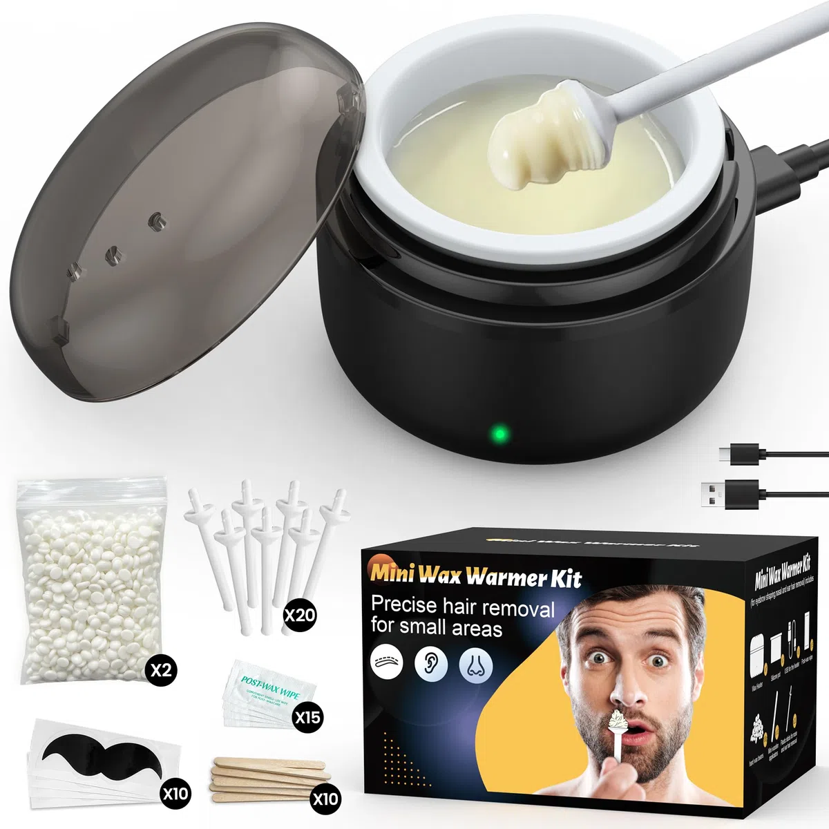 Nasenhaarentferner, Nasenhaar Wachs, Nasenwachs männer: Nase Waxing set mit Mini Wax Maschine,USB-Schnellwärmung, konstante Temperatur, 100g Wax / 20 nasenwachs stäbchen zur ohr- nasenhaare entfernen