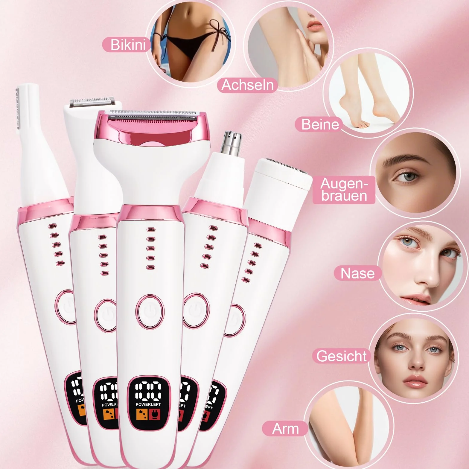 Elektrischer Rasierer für Frauen, 5-in-1 Damenrasierer Elektrisch für Körpe, Schmerzloser Nass-Trocken-Rasierer für Bikini, Achseln, Beine, Augenbrauen und Nase, USB-Aufladung