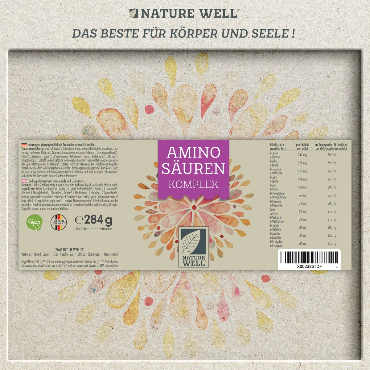 Aminosäuren Komplex hochdosiert - 240 Tabs. mit 6.000 mg Aminosäuren pro Tag - 9 essentielle Amino-Säuren (EAA) + Taurin, Carnitin & Glycin - laborgeprüft mit Analyse-Zertifikat - 100% vegan