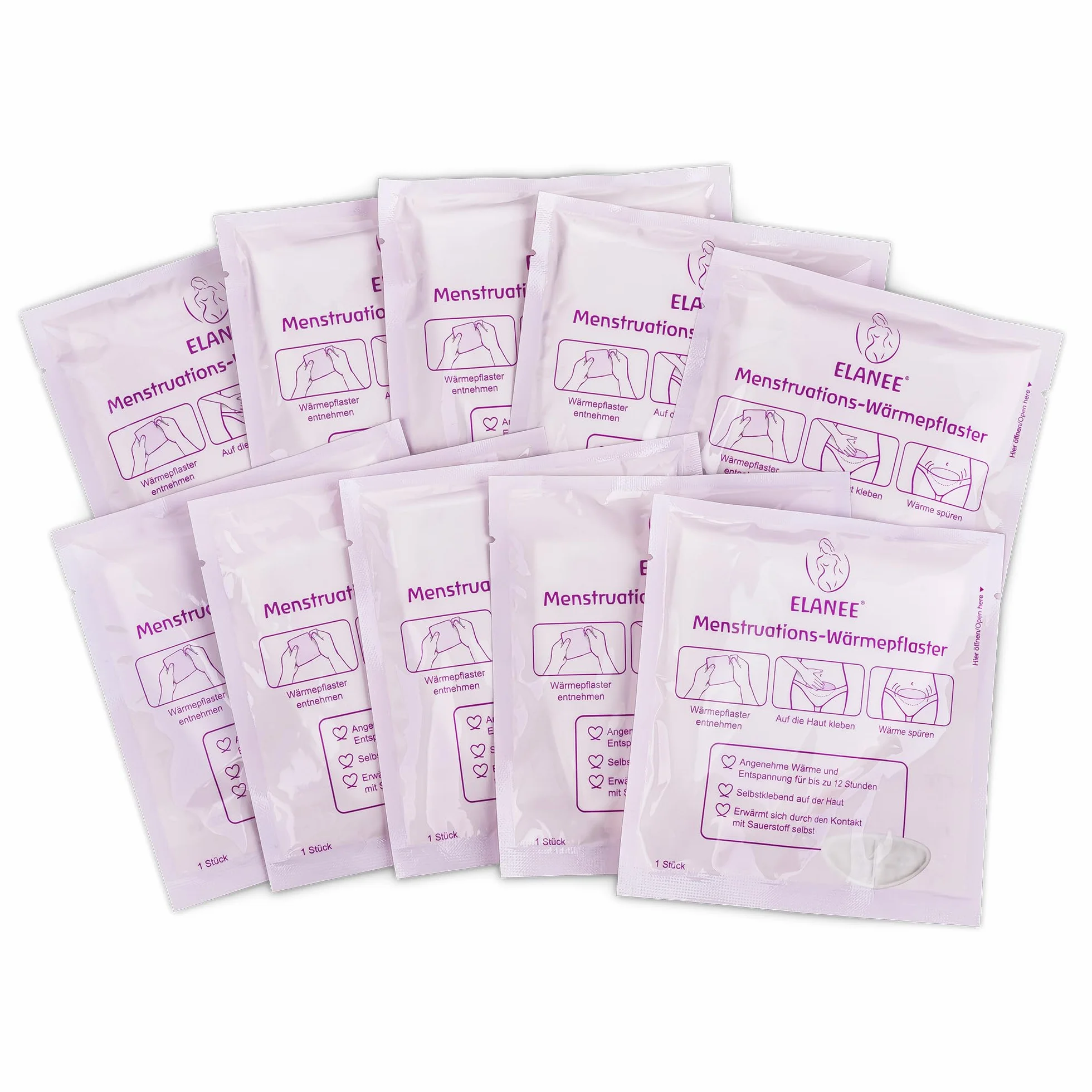 ELANEE Menstruations-Wärmepflaster [10 Stück], 12 Stunden wohltuende Wärme und Entspannung während der Periode, erwärmt sich durch Kontakt mit Sauerstoff, hautfreundlich (734-V1)