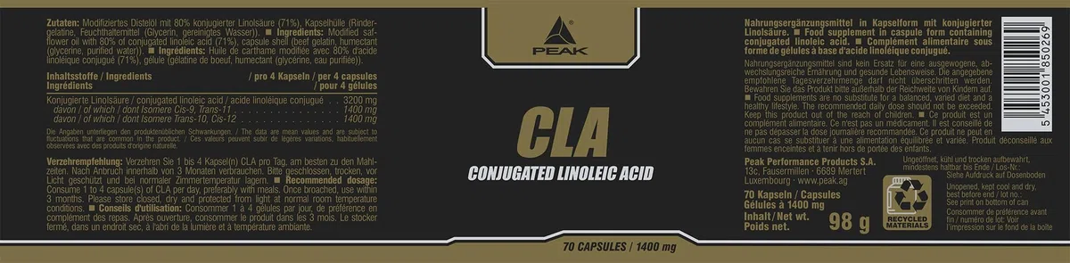 PEAK CLA - 70 Kapseln I 3200 mg Konjugierte Linolsäure pro Tagesportion für die Diät I ungesättigte Fettsäuren für Cholesterin Management