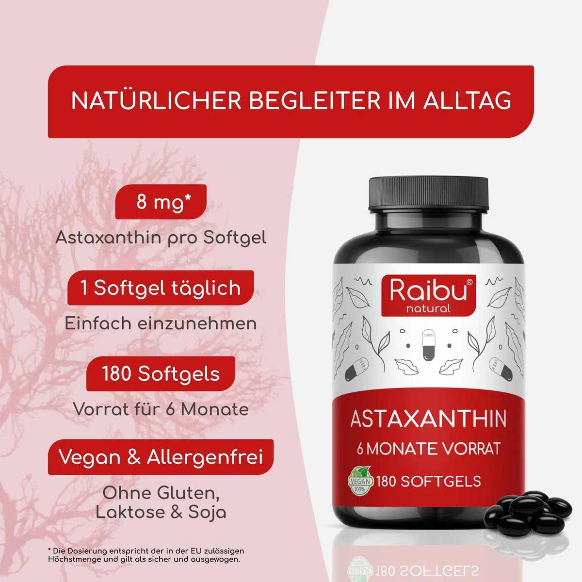 Astaxanthin Hochdosiert - 180 Vegane Astaxanthin Kapseln (Softgels): 6 Monate Vorrat - 8 mg pro Softgel - Premium-Rohstoff aus Haematococcus pluvialis Algenextrakt - Ohne Zusatzstoffe