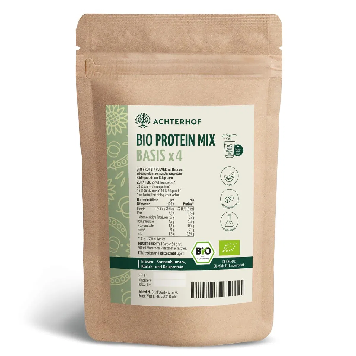 Bio Protein Basis Mix x4 500g | 4 pflanzliche Proteine | Reis-, Erbse-, Sonnenblumen- und Kürbiskernprotein optimal kombiniert | Achterhof