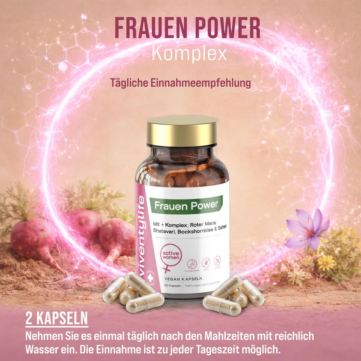 Täglicher Vitaminbedarf für Frauen, Roter Maca Komplex mit Magnesium, Shatavari, Safran, Bockshornklee, Tribulus, Zink, Piperin, Vitamin B6 & D3-120 Vegan Kapseln