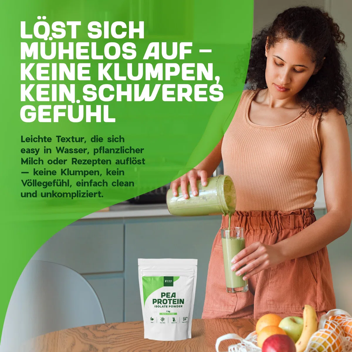 Erbsenprotein Isolat Pulver - 1KG, 84% Protein, Geschmacksneutral, Vegan | Laktosefreies, leicht lösliches Erbsenprotein, nicht-GVO - für Shakes, Smoothies, Porridge & zum Backen