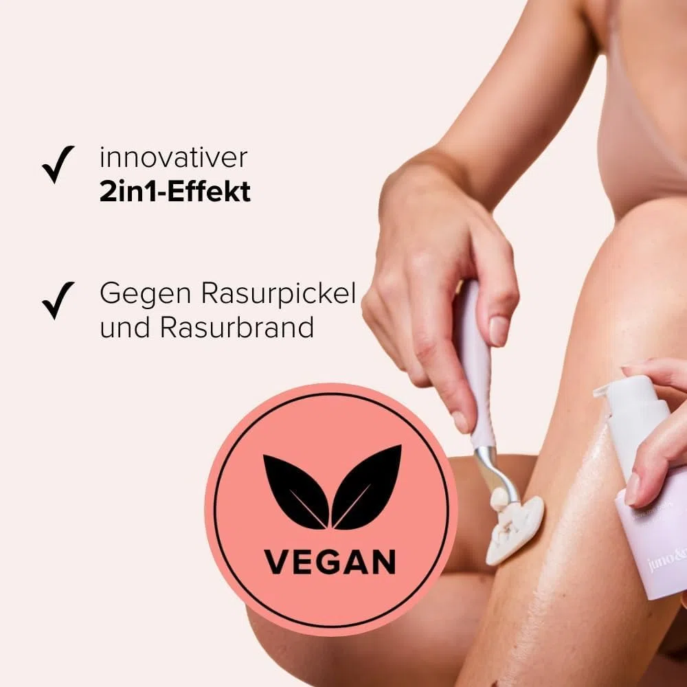 juno & me – Body Shaving Oil: Rasieröl für gründliche & glatte Rasur - 2in1-Effekt durch Pflege während Rasur - hilft bei Rasierpickeln & Rasurbrand - Mandelöl & Aloe Vera - vegane Körperpflege - 60ml