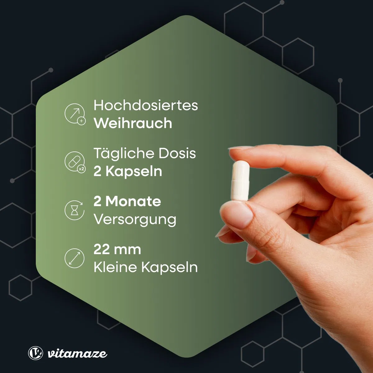 Weihrauch Kapseln hochdosiert & vegan, 900 mg Extrakt pro Tagesdosis, 85% Boswellia-Säure, 100% indischer Boswelia Serrata, 120 Kapseln für 2 Monate, Ohne Zusätze, Made in Germany
