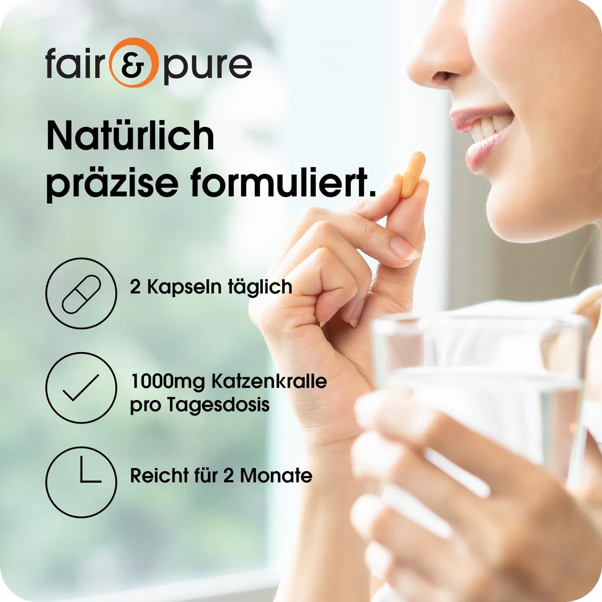 Fair & Pure Katzenkralle 1000mg pro Tagesdosis, 120 Kapseln, Cats Claw, Una De Gato, Nahrungsergänzungsmittel vegan ohne Magnesiumstearat, in Deutschland hergestellt
