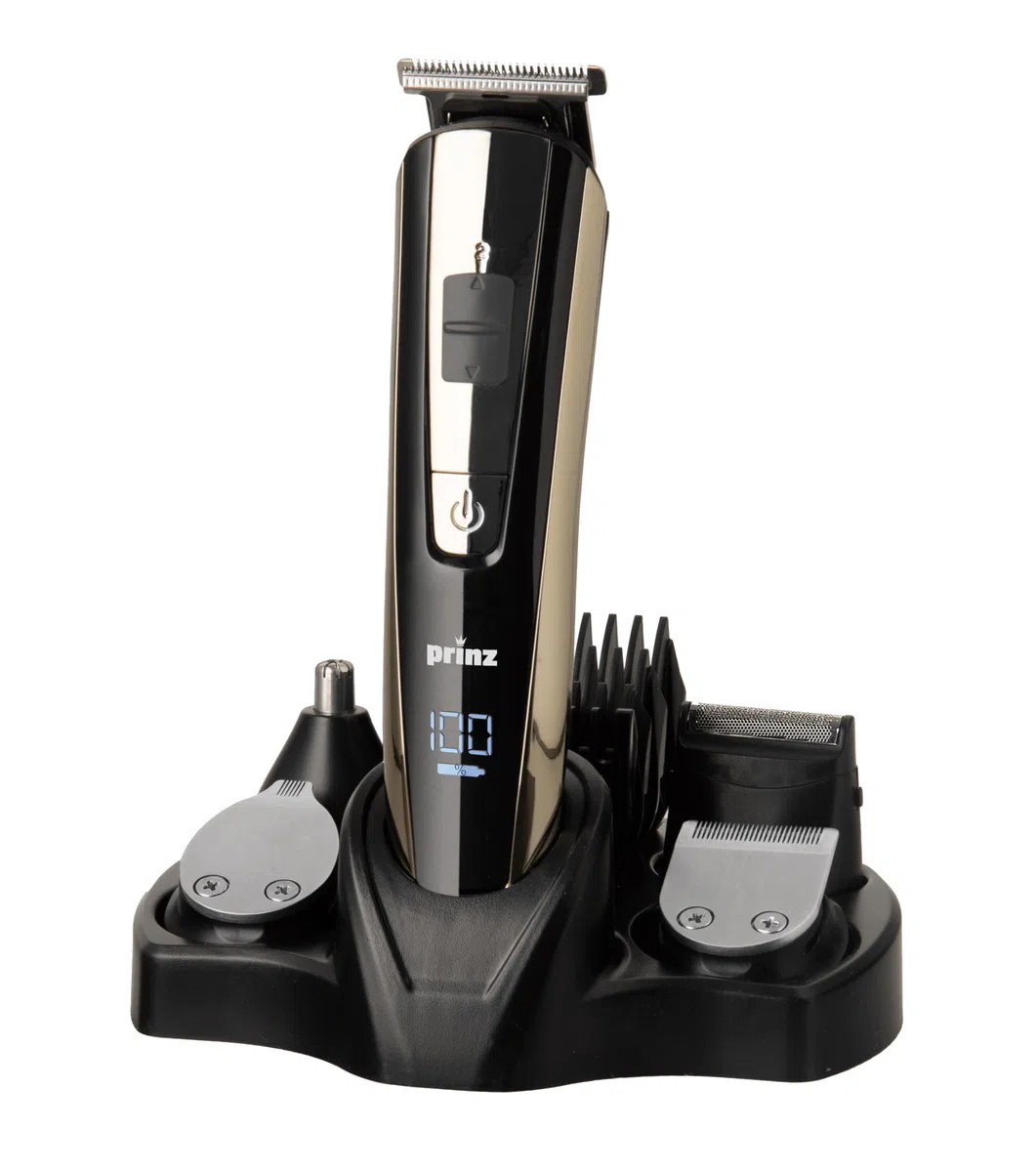 Prinz Multi-Grooming-Set 5-in-1 PZ-MGS1 – Haarschneider, Barttrimmer, Konturentrimmer, Rasierer & Nasen-/Ohrtrimmer, LED-Display, 2 Geschwindigkeiten, Schnellladen, Akku & Netzbetrieb