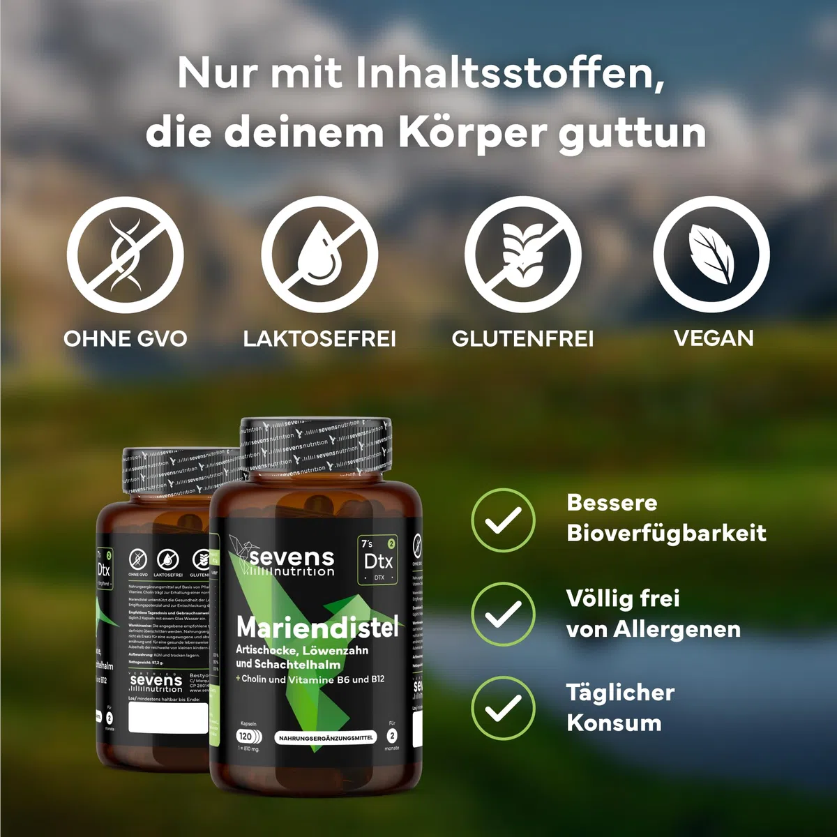 Mariendistel, Artischocke & Löwenzahn Komplex mit Cholin – 120 Hochdosiert Kapseln – Nahrungsergänzungsmittel ohne Gentechnik, Glutenfrei & Laktosefrei – Hergestellt in der EU – Sevens