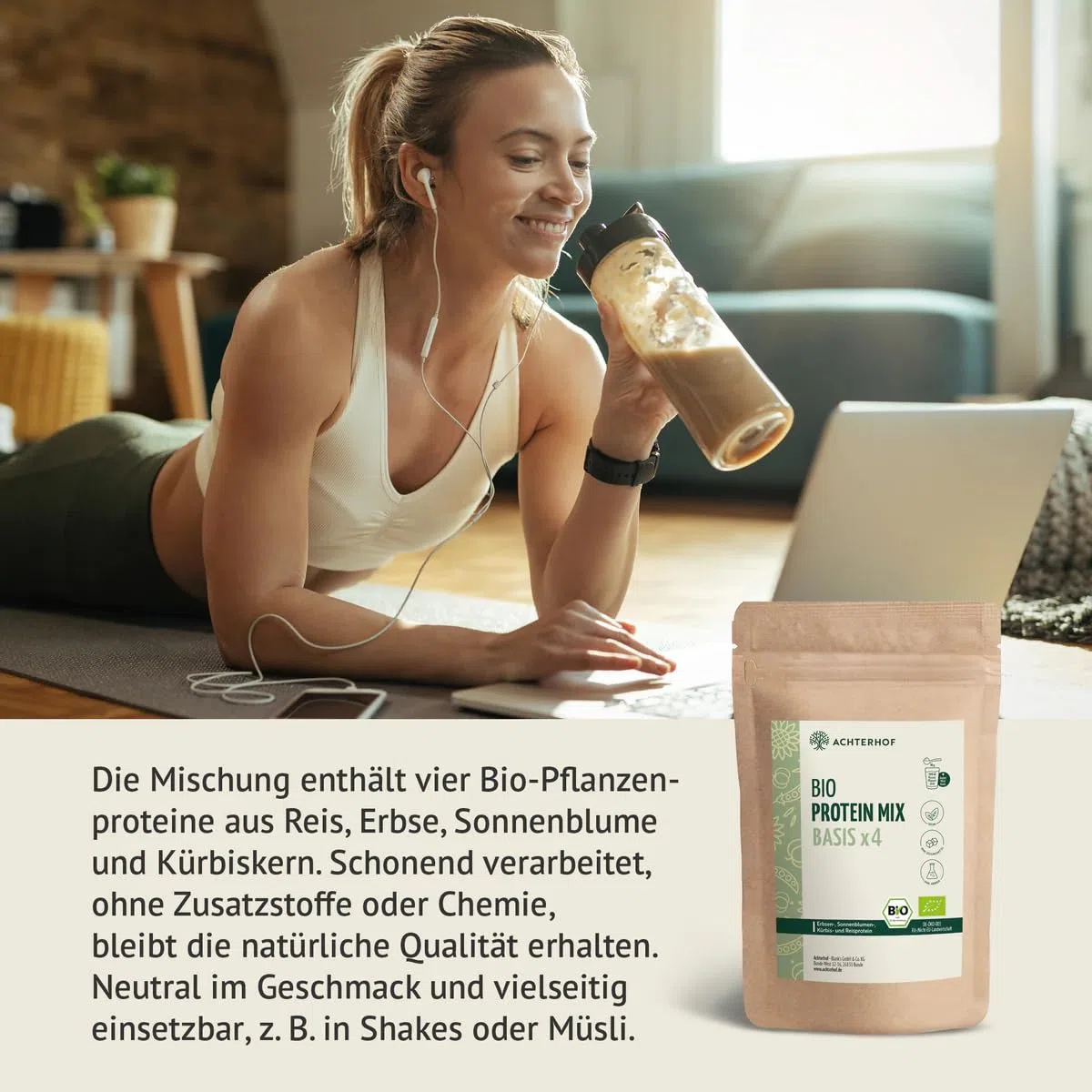 Bio Protein Basis Mix x4 500g | 4 pflanzliche Proteine | Reis-, Erbse-, Sonnenblumen- und Kürbiskernprotein optimal kombiniert | Achterhof