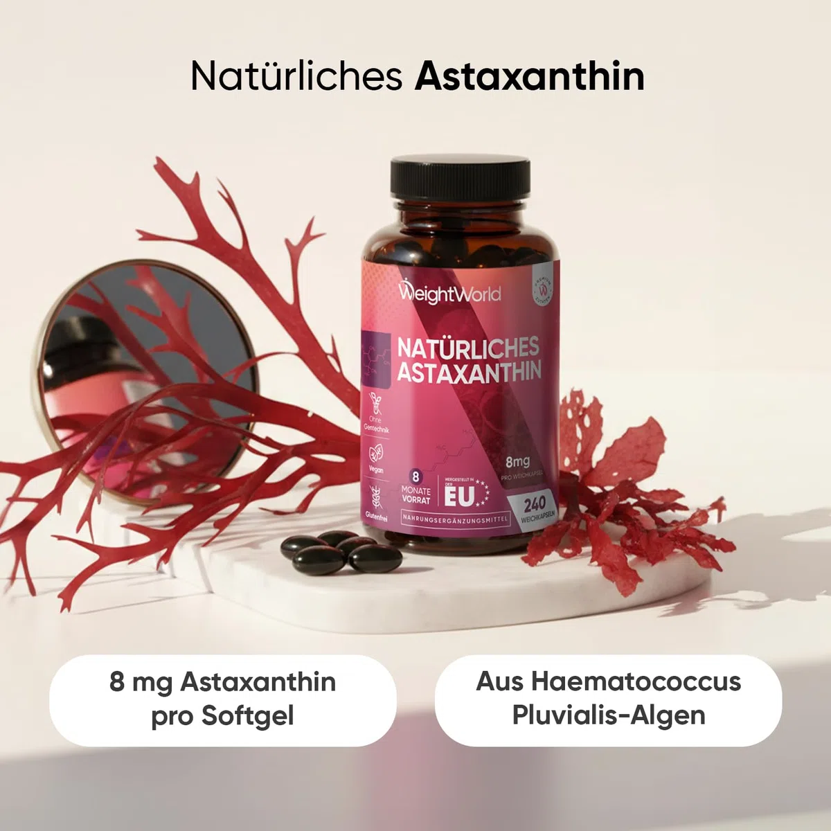 Natürliches Astaxanthin 8mg pro Portion - 240 vegane Weichkapseln - Nur 1 Softgel pro Tag - Aus Haematococcus Pluvialis Algen (Meeresalgen) - Carotinoide - Frei von Magnesiumstearat - WeightWorld