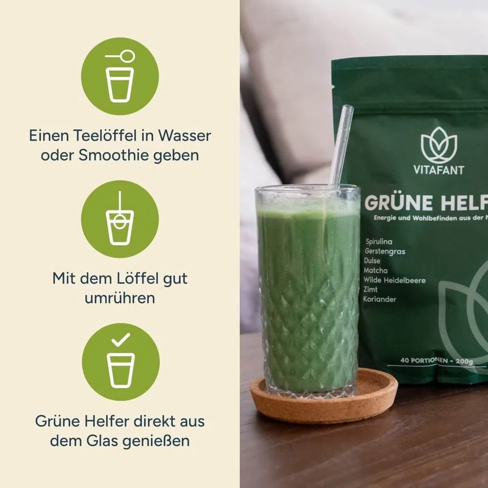 Vitafant - Grüne Helfer - Greens Pulver - Superfood Shake - Mit Spirulina, Gerstengras, Matcha, Chlorella & mehr - 30 Portionen