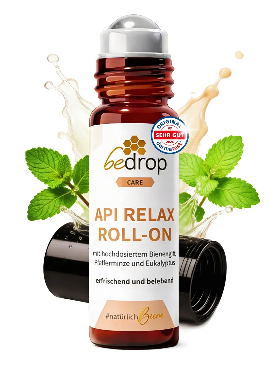 bedrop Api Relax Roll-On - mit hochdosiertem Bienengift, Pfefferminze und Eukalyptus | Bei Kopfschmerzen, ideal auf Schläfen und Muskelbereichen | Praktische To-Go Größe