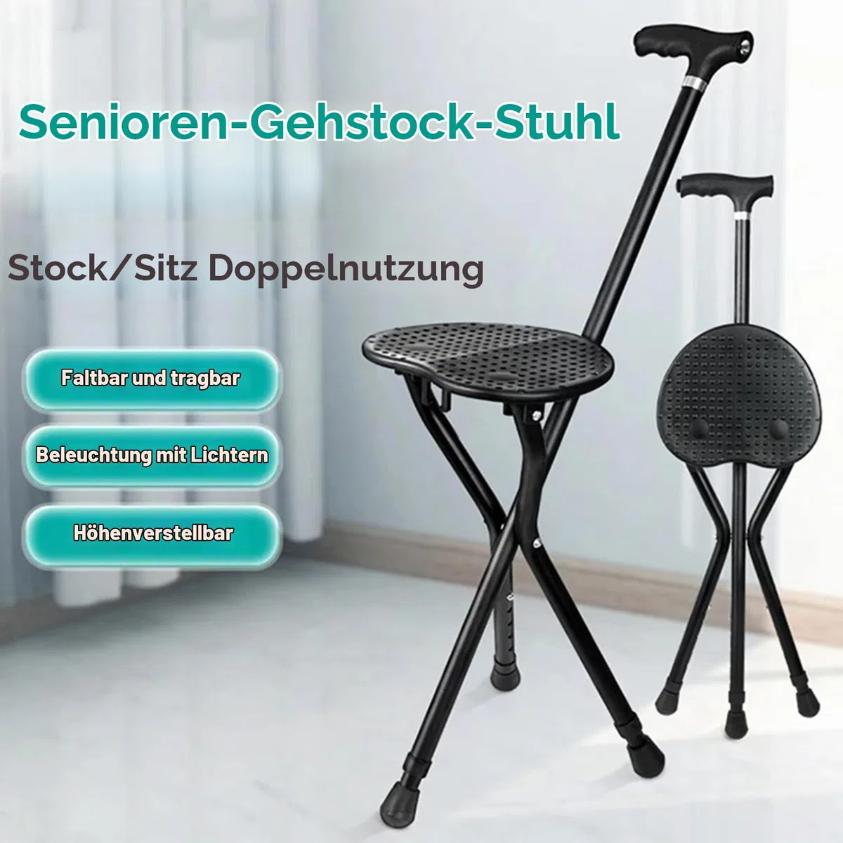 Gehstock Mit Sitz,Sitzstock,Mit 3 Beinen,Faltbarer Mit Ständer,120kg Gewichtskapazität,In Fünf Positionen Höhenverstellbar,Für Ältere Menschen, Behinderte Und Ruhende
