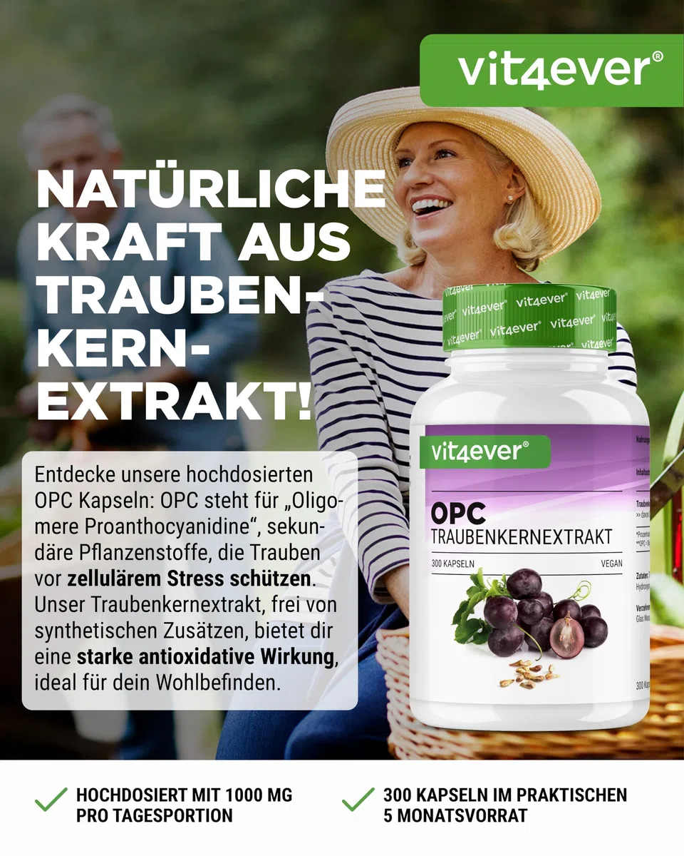 OPC Traubenkernextrakt - 300 Kapseln - 1000 mg Extrakt mit 700 mg OPC - Höchster Gehalt nach HPLC - Laborgeprüft - Aus europäischen Weintrauben - Vegan - Hochdosiert | 1000 mg Extrakt, europäische Weintrauben, hochdosiert, laborgeprüft, vegan