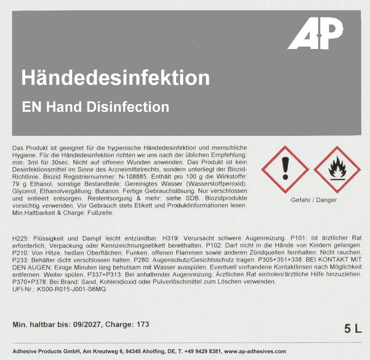 AP Händedesinfektion 83 Vol. % Ethanol I 5L I Effektive Desinfektion nach WHO-Rezeptur I Rückfettend & Hautfreundlich I Desinfektion gegen Bakterien, Viren & Pilze I Für gründliche Hygiene