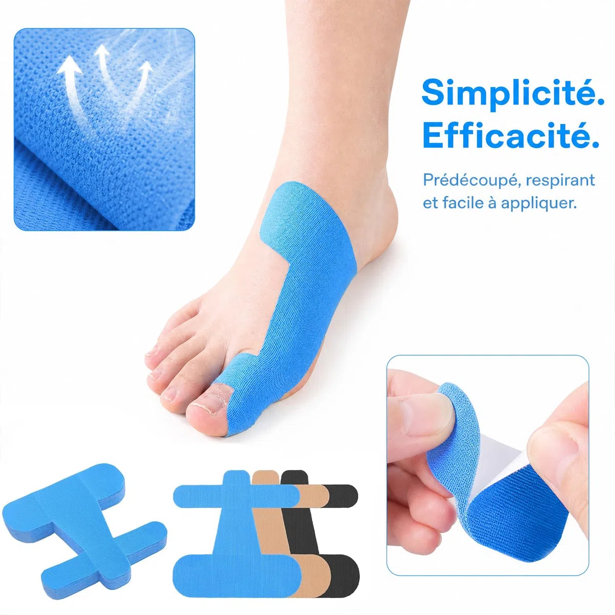 Hallux Valgus Korrektur, 40 Stück, Hallux Valgus Tape, Vorgeschnittenes Kinesiologie-Tape zur Korrektur von Ballenzehen, Hautfreundlich, Geeignet für Zehen und Füße Blau